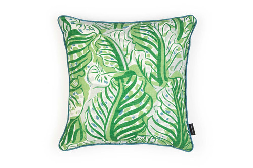 Front view of Milles Feuilles Prato Cushion in green, showcasing Raoul Dufy’s large-scale botanical print and vibrant leafy pattern, accented with Vertelli Turchese trim.