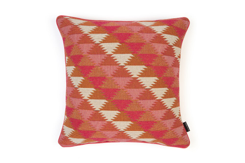 Busy Lizzie Hot Pink Cushion – featuring a vibrant geometric weave in tonal oranges and pinks, with a natural striped band adding contrast, 50x50cm.