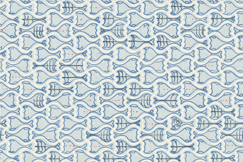 Blue fish and ship motifs in a tiled layout on a soft blue background