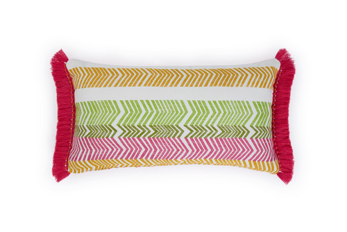 Back View of Bookend Hula Fringe Outdoor Cushion featuring a repetitive striped design in pink and yellow colours with pink Hula fringed side edges.