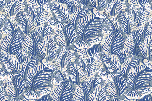 Mille Feuilles vinyl wallpaper in ultramarine blue with bold leaf motif, durable contract wallpaper for high-traffic areas adding vibrant colour and practical pattern by Christopher Farr Cloth.