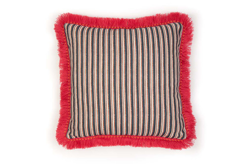 Front view of the Peace & Love Terracotta cushion, showcasing bold indigo and terracotta stripes with a playful fuchsia hula fringe along the edges.
