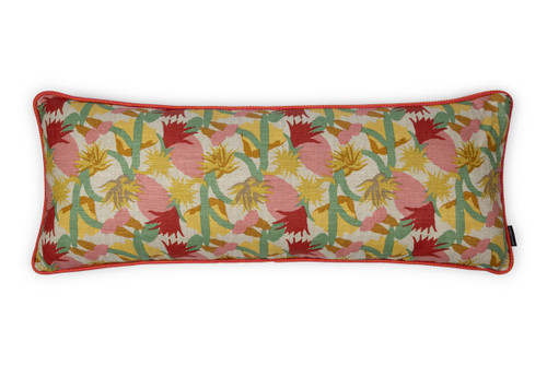 Front View Cactus Flower Bolster Cushion in Ruby with Circus Hot Pink piping, measuring 90x35cm, featuring a vibrant floral pattern in red, green, pink, and yellow. Front View Cactus Flower Bolster Cushion in Ruby with Circus Hot Pink piping, measuring 90x35cm, featuring a vibrant floral pattern in red, green, pink, and yellow.