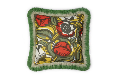Front view of La Forêt Berry linen cushion with ombré linen fringe trim, featuring floral pattern in berry, green, and yellow tones, inspired by Raoul Dufy’s original colourway.