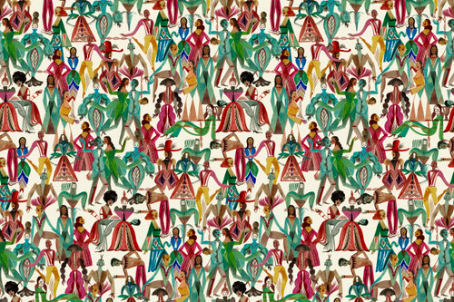 Dancing Parade Wallpaper by Olaf Hajek for Christopher Farr Cloth. A fun figurative colour wallpaper for fun eclectic interiors. Fuchsia.