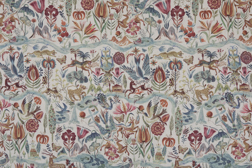 River of Joy linen fabric in berry and earthy tones – Olaf Hajek hand-painted animals, florals and nature design for Christopher Farr Cloth.