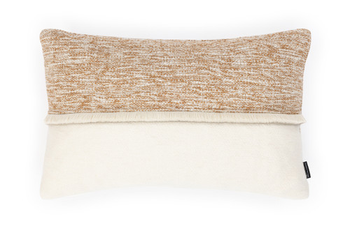 Neutral two-fabric cushion in camel and ecru alpaca weave, finished with a centred horizontal strip of Bianco Chichi fringe trim for textured, decorative detail.