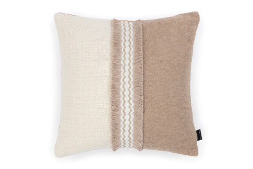 Alpaca Rose and Dune Ecru square cushion with split-colour design, finished with a strip of Trapeze Natural trim for refined decorative