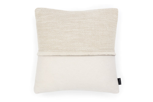Alpaca and Dune Ecru split cushion featuring a centred Bianco Chichi fringe stripe, combining soft texture with playful decorative detail.