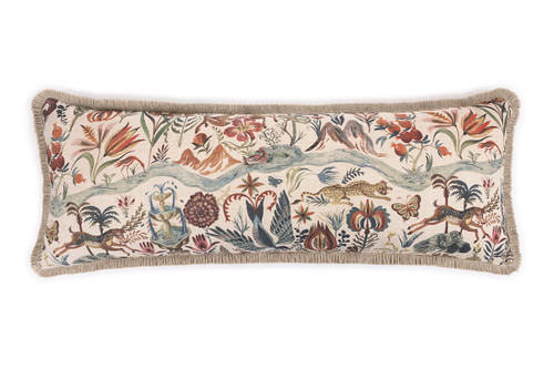 River of Joy bolster cushion, Olaf Hajek’s hand-drawn design, berry & terracotta tones, Chichi Latte fringe trim by Christopher Farr Cloth, perfect for styling interiors.