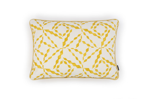 Front Puzzle lemon cushion 45x65cm with Frieda Lemon woven back ex-display Peter Mikic showroom