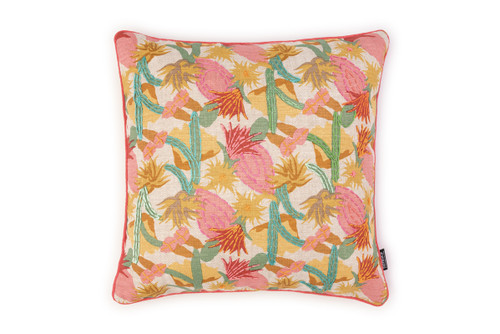 Cactus Flower embroidered cushion ruby by Alice Kettle with Soprano linen back and Rosa piping Edition 1