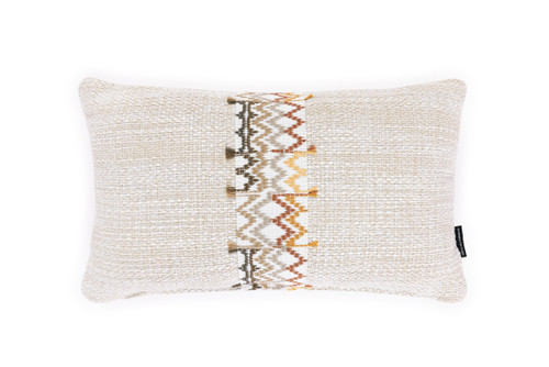 Lomi Sololá cushion 30x50cm in latte neutral colours with Sololá border trim stripe in durable woven fabric