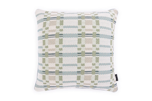 Portico cushion 45x45cm in kiwi with soft blue and green tones and Vertelli trim for outdoor use