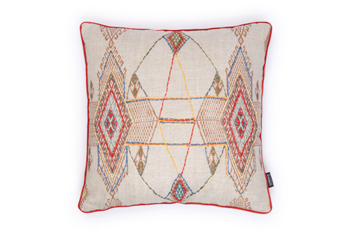 Travelling Light embroidered cushion terracotta by Alice Kettle with natural linen back and red piping Edition 1 side dtail