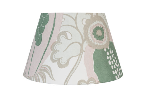 Statement lampshade in Michael Szell  Carnival wallpaper in vibrant moss tones. Duplex Ring Fitting. PVC White card internal
