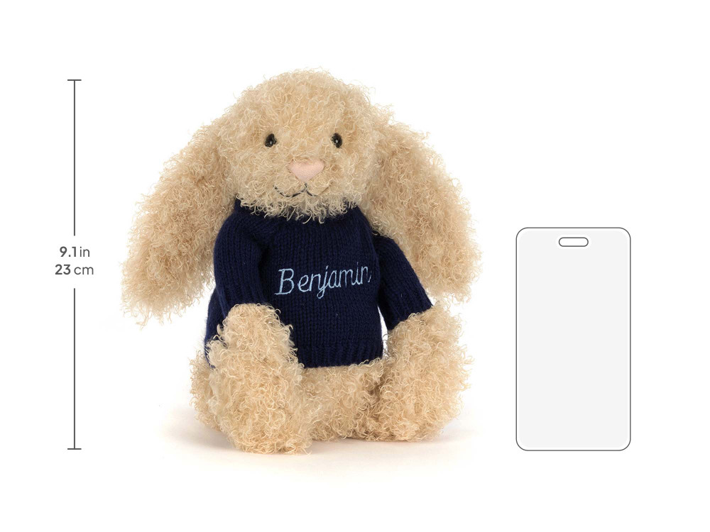 Bashful Luxe Bunny Curly with Personalized Navy Jumper size chart