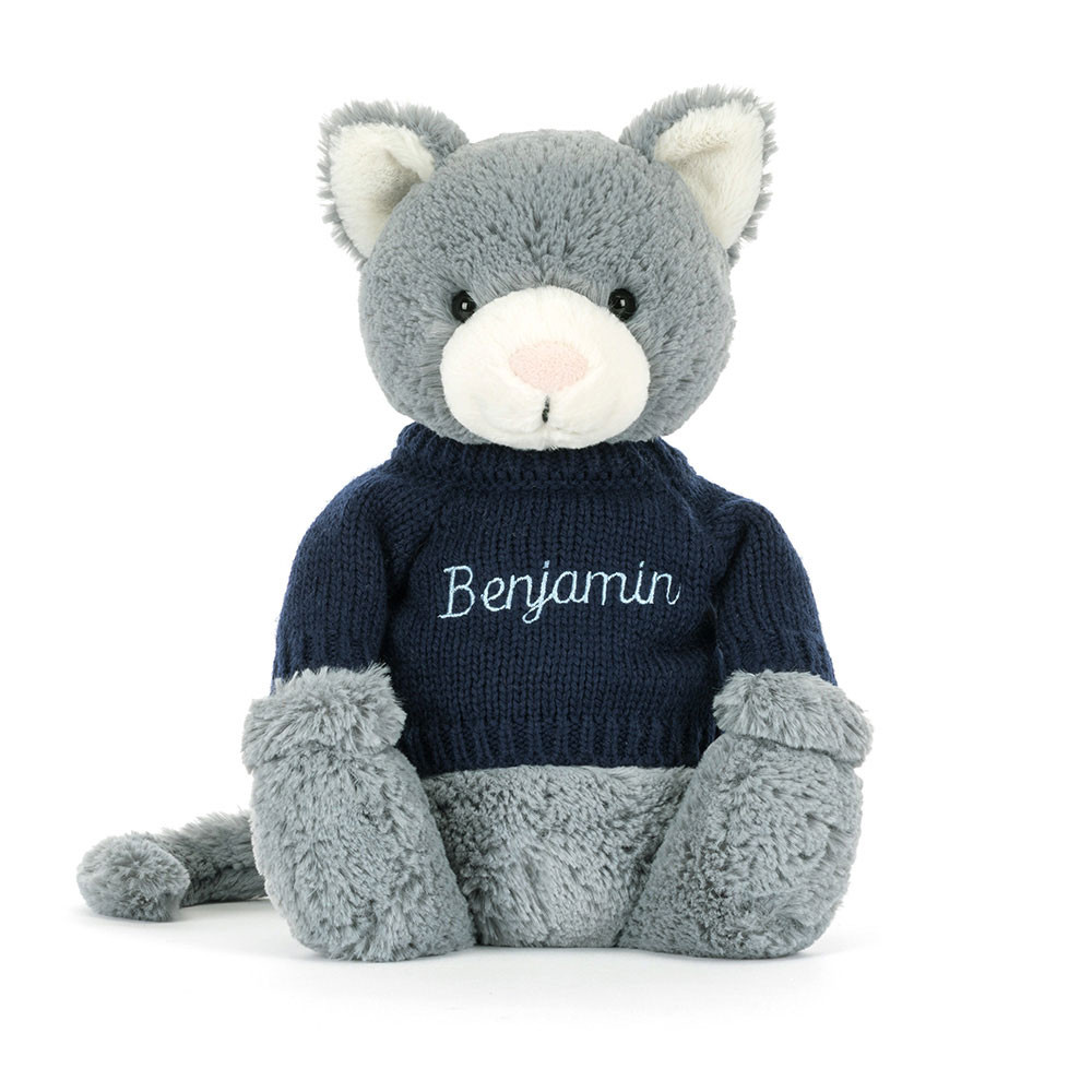 Bashful Kitten mit personalisiertem Pullover in Marineblau