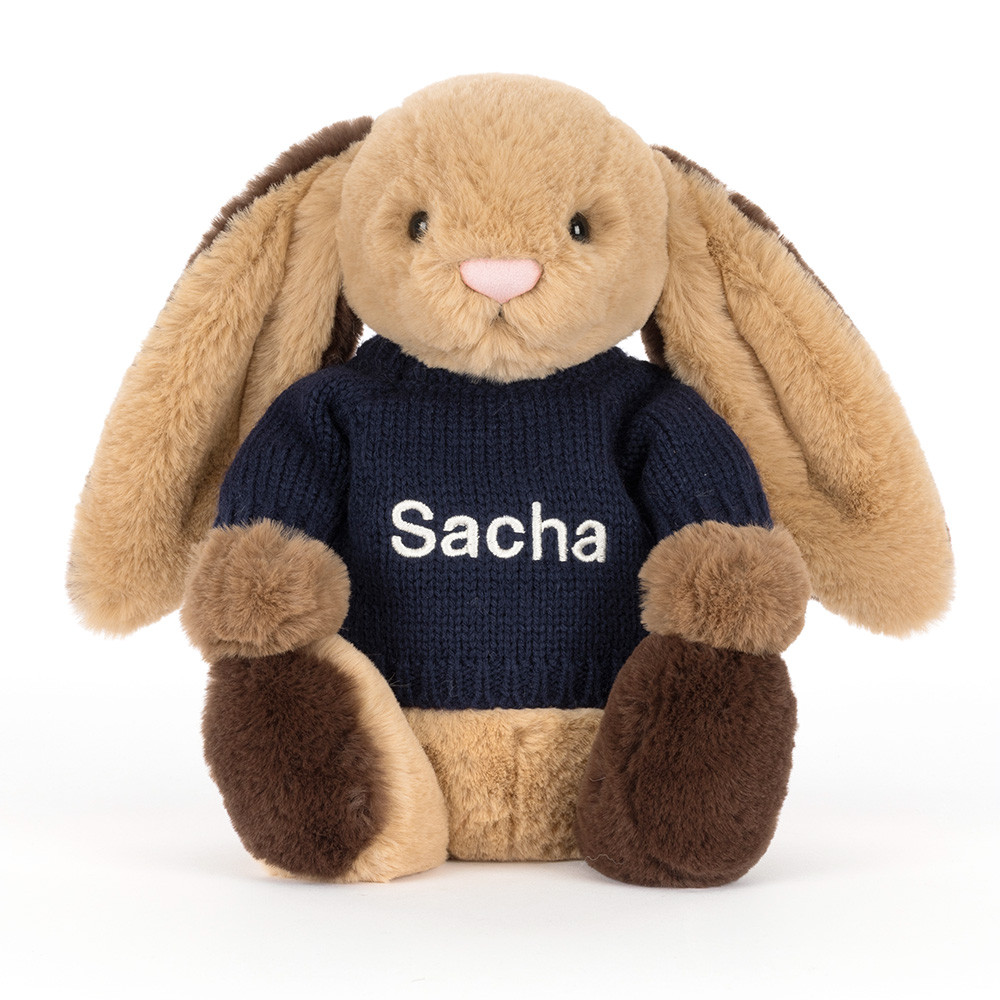 Bashful Patchwork Brown Bunny with Personalised Navy Jumper, View 4