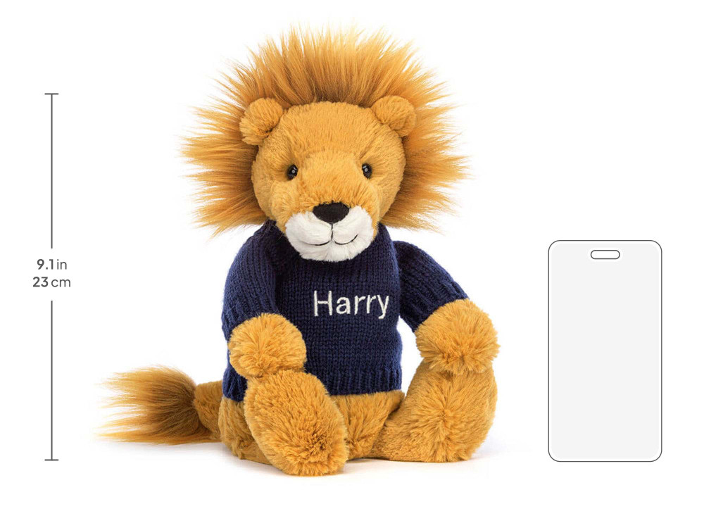 Bashful Lion with Personalized Navy Jumper, size chart