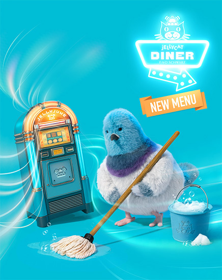 Strutton Pigeon wischt den Boden mit einem Mop während die Jukebox im Hintergrund spielt