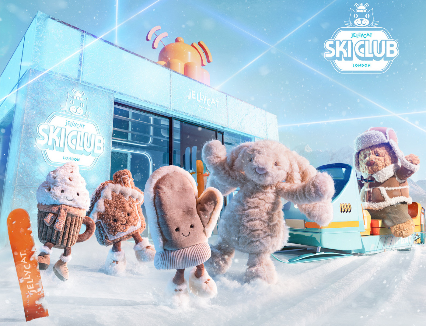 Bartholomew Bear Alpine Outfit, Franilla Luxe Bunny, Amuseables Scraffles Hot Chocolate und Amuseables Fitswell Mitten tanzen im Schnee vor dem Jellycat Skiclub