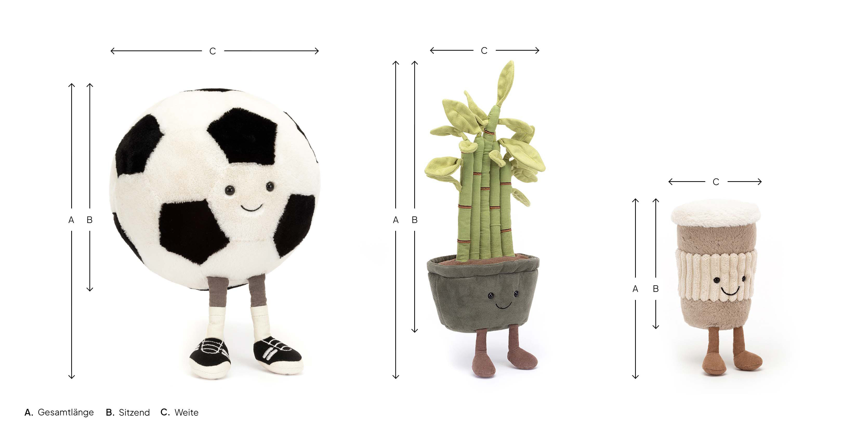 amuseables football, bamboo und coffee  mit Pfeilbeschreibung für Länge, Höhe und Breite 