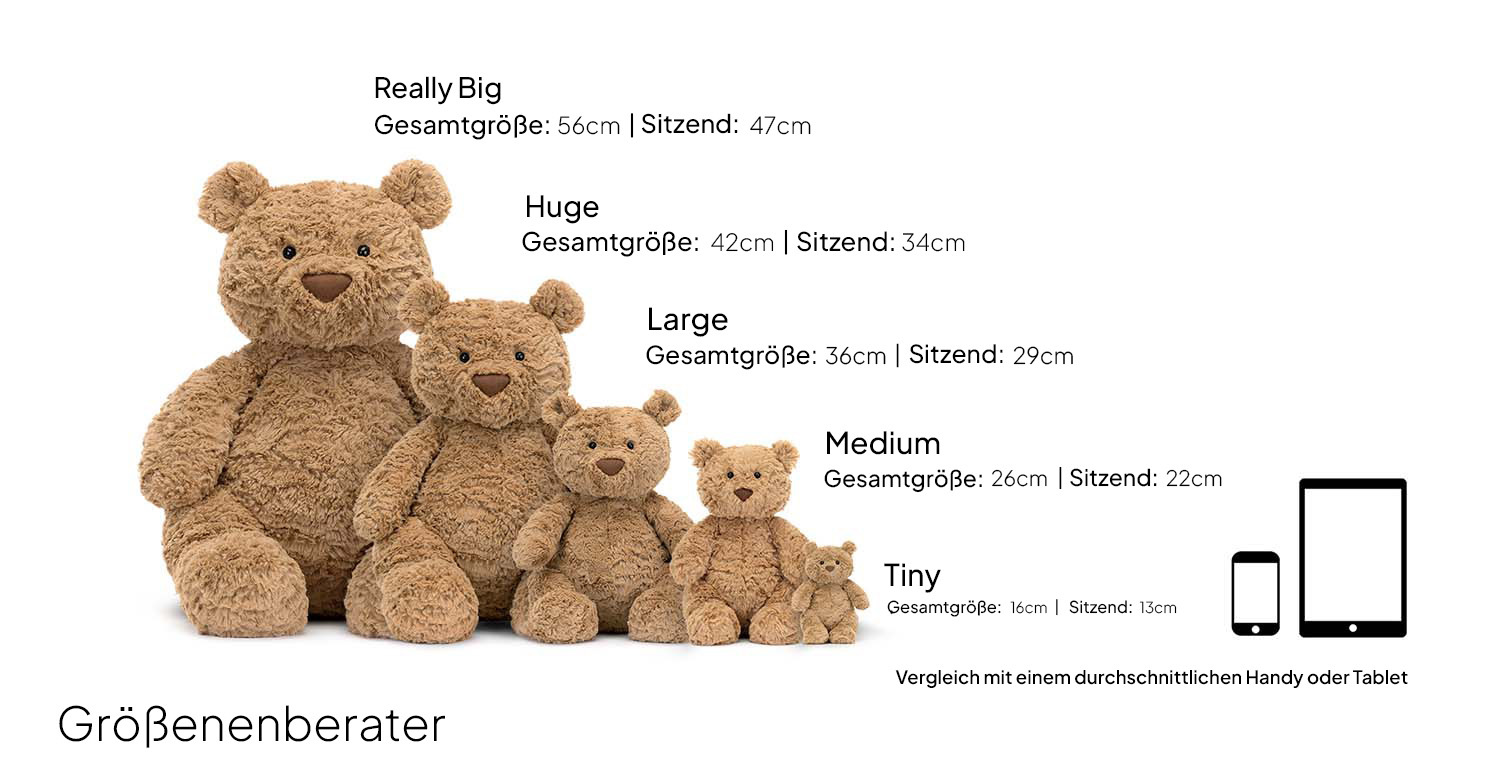 Alle 5 verschiedenen Größen von Batholomew Bear sitzen nebeneinander yum Vergleich und in Relation mit einem iPhone und iPad. Von Tiny, Medium, Large und Huge bis Really Big