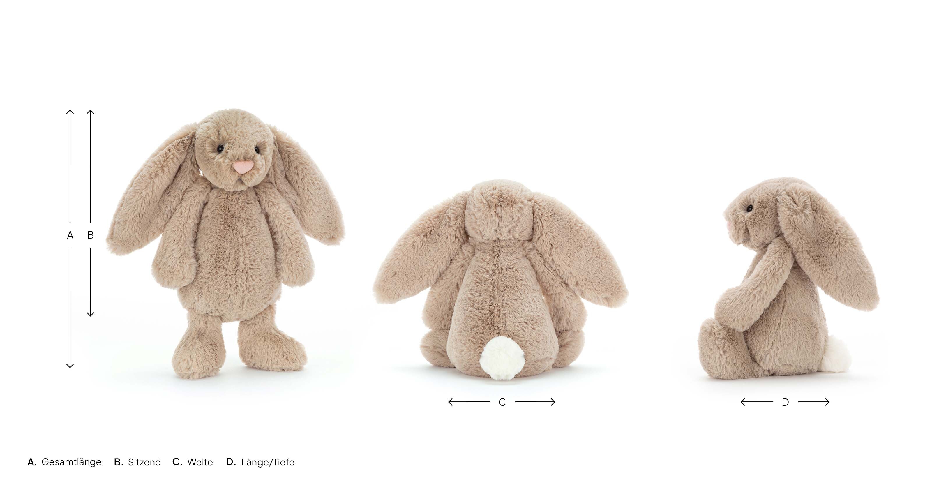 Bashful Beige Bunny mit Pfeilen um zu zeigen wie die Größe gemessen wird.