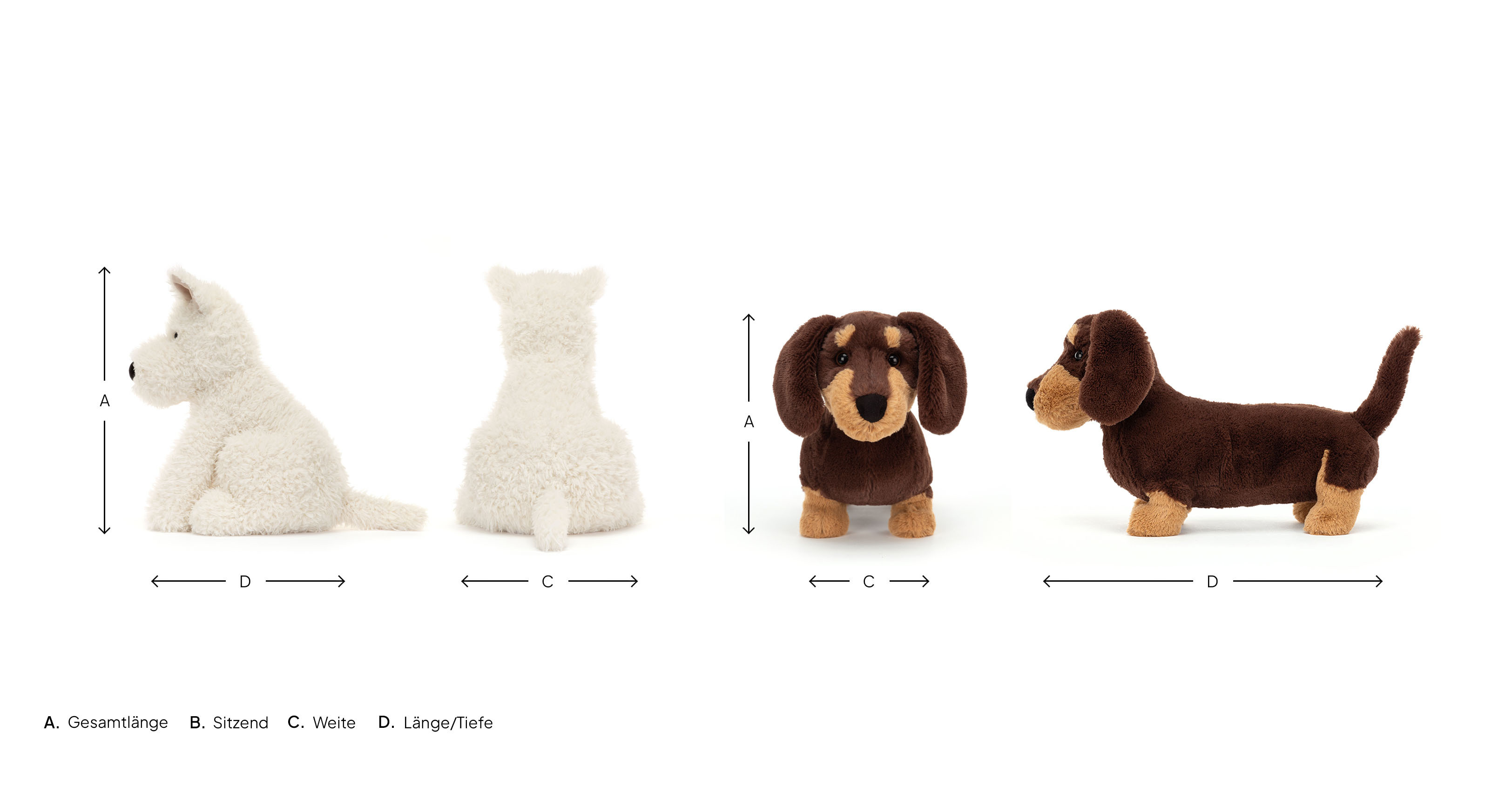 Munro Scotty Dog und Otto sausage dog  mit Pfeilbeschreibung für Länge, Höhe und Breite 