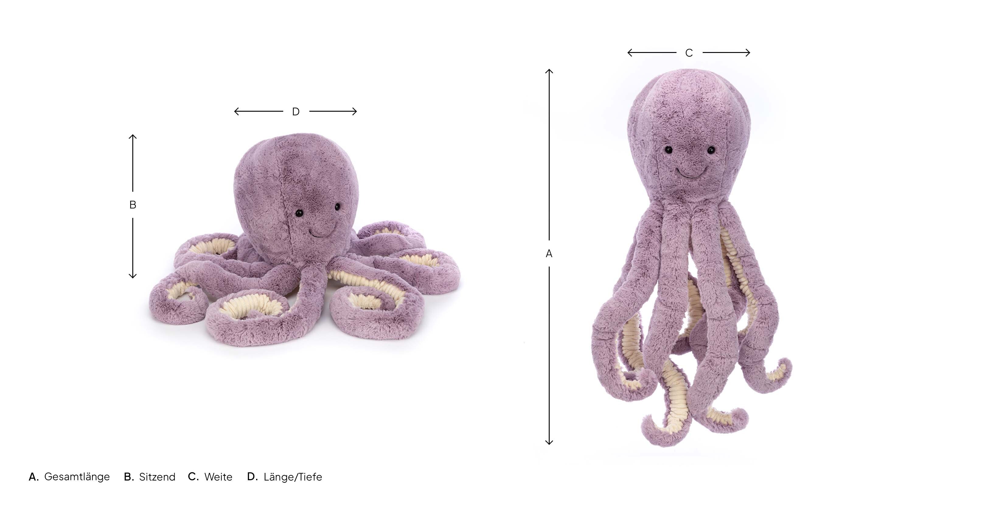 Odell Octopus mit Pfeilbeschreibung für Länge, Höhe und Breite 