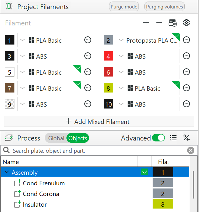 Cond parts on filament 2 (conductive), Insulator on filament 8 (PLA)