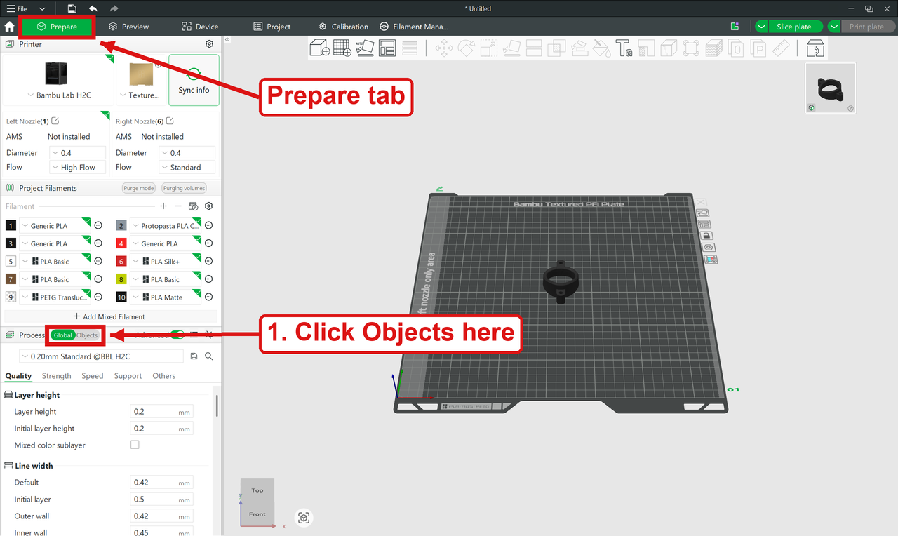 The whole Prepare tab: the Global/Objects switch next to Process