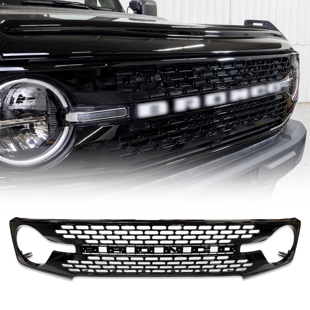 IAG I-Line Front Grille Gloss Black OEM High End Style w/ White Letters for 2021+ Ford Bronco