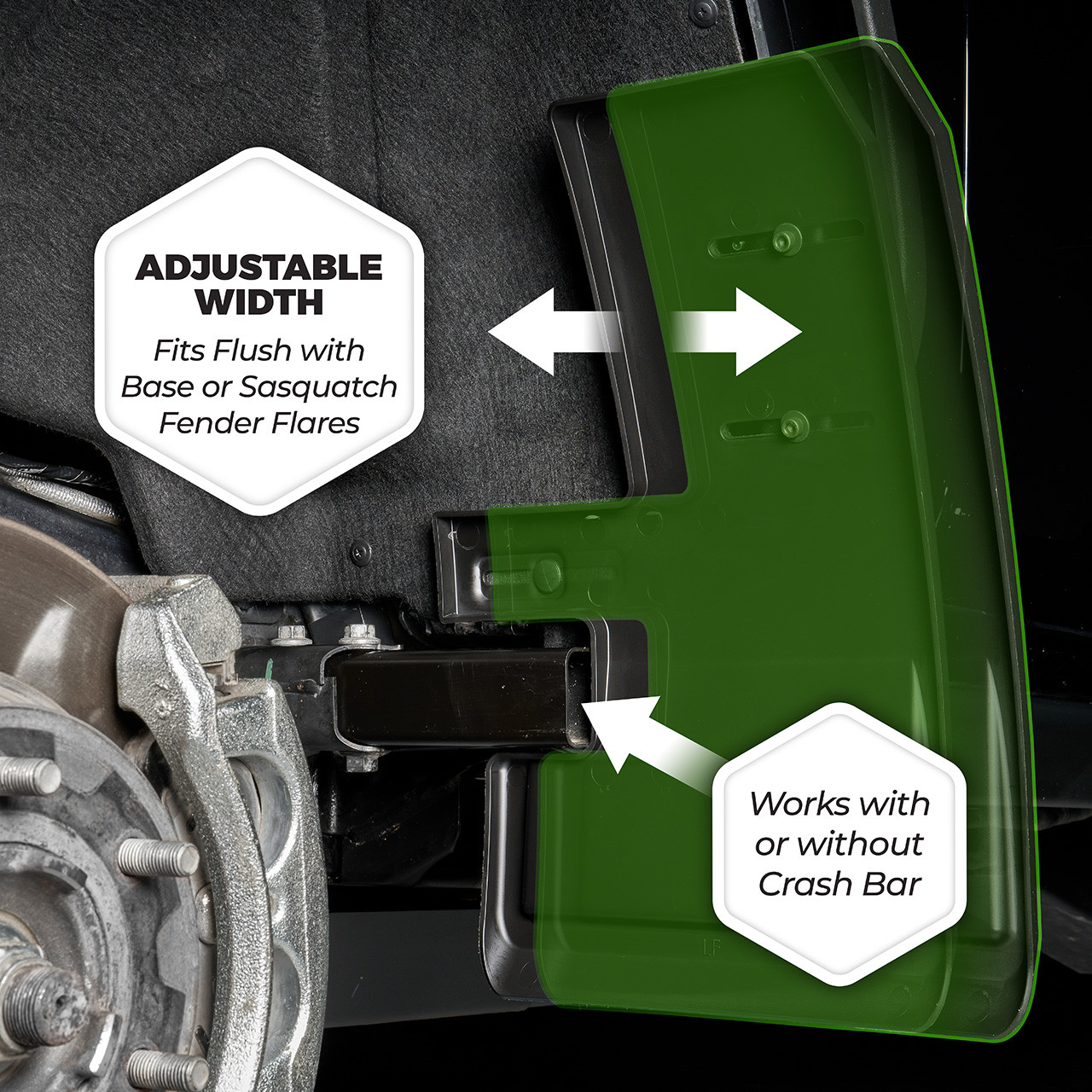 IAG Trail Shield™ Adjustable Mud Flaps Front Set Only For 2021+ Ford Bronco - Range of Adjustment