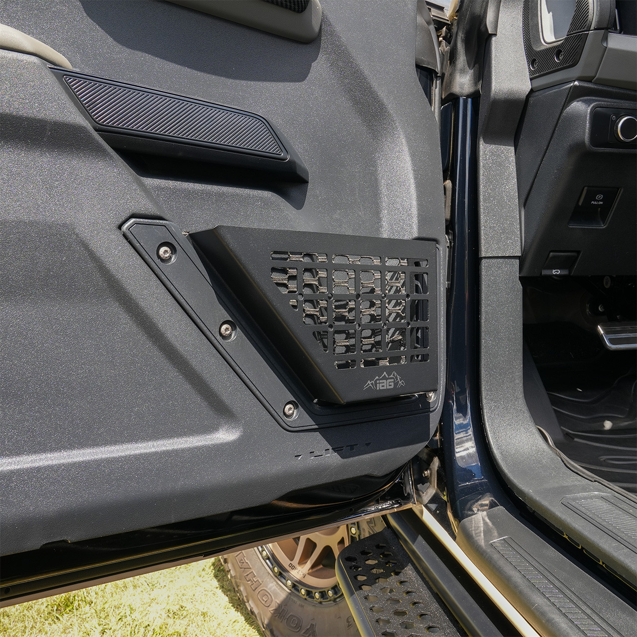 IAG Front Door Bin Black Steel Molle 2021+ Ford Bronco - Installed Drivers Side