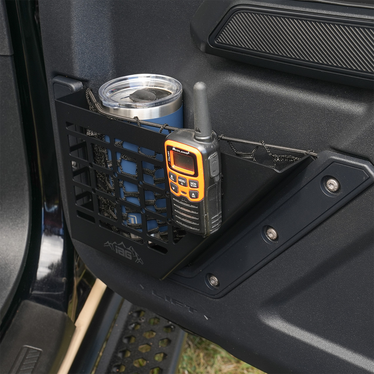 IAG Front Door Bin Black Steel Molle 2021+ Ford Bronco - Passenger Side Lifestyle IAG Front Door Bin Black Steel Molle 2021+ Ford Bronco - Passenger Side Lifestyle