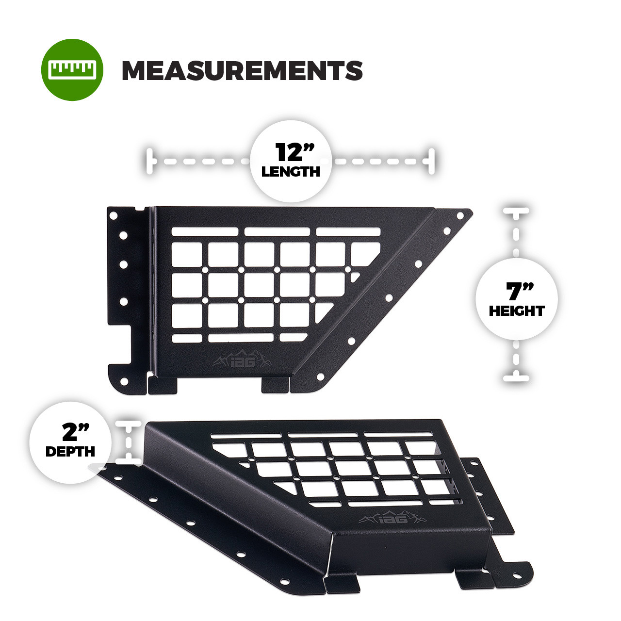 IAG Front Door Bin Black Steel MOLLE 2021+ Ford Bronco - Dimensions