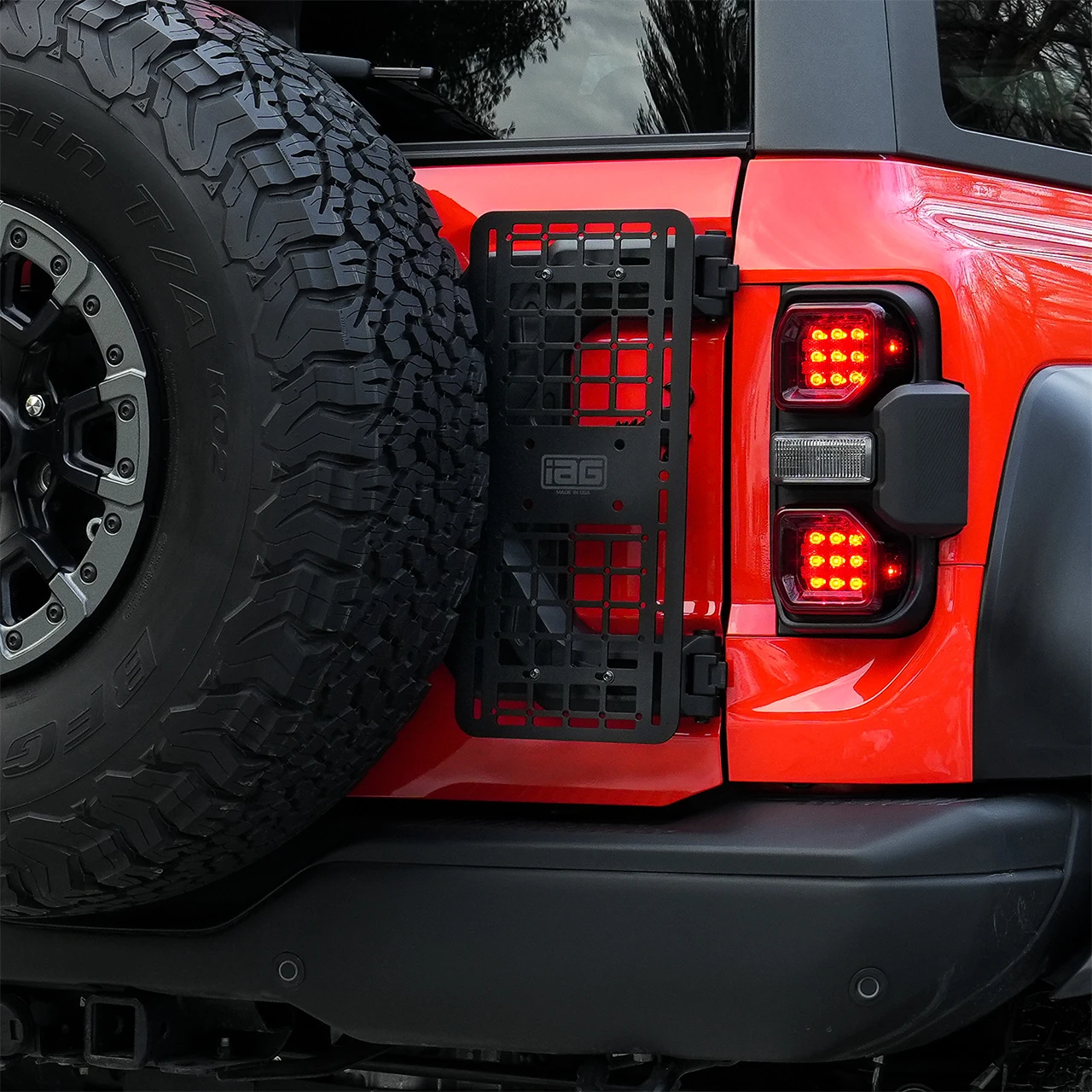 IAG Off-Road Tailgate MOLLE Panel For 2021+ Bronco with IAG X-Brace® - Installed Close-up 1