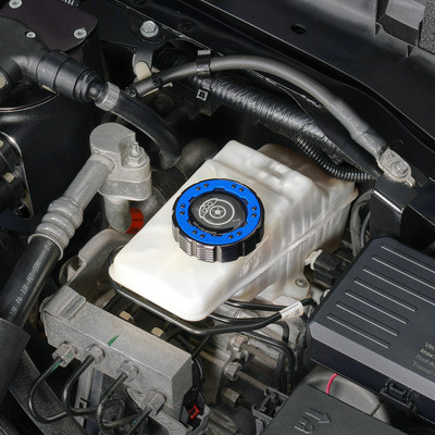 IAG-Off-Road Beadlock Brake Master Cylinder Cap For 2021+ Ford Bronco, 19+ Ranger - Blue Emblem with Symbol Installed Close-up 