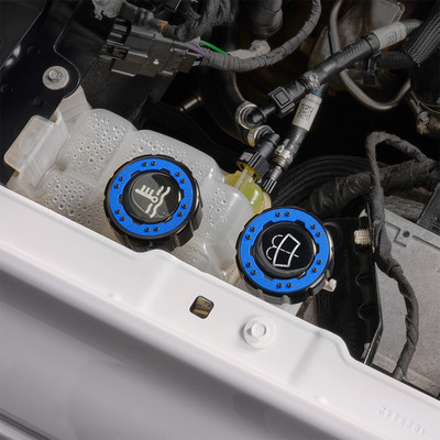 IAG Off-Road Beadlock Coolant Cap For 2021+ Ford Bronco, 15+ F-150, 19+ Ranger - Blue Installed with Emblem