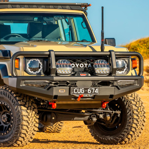 ARB Toyota Land Cruiser 70 Summit MK11 Front Deluxe Bull Bar Winch Mount Bumper - 3412760 ARB Toyota Land Cruiser 70 Summit MK11 Front Deluxe Bull Bar Winch Mount Bumper - 3412760