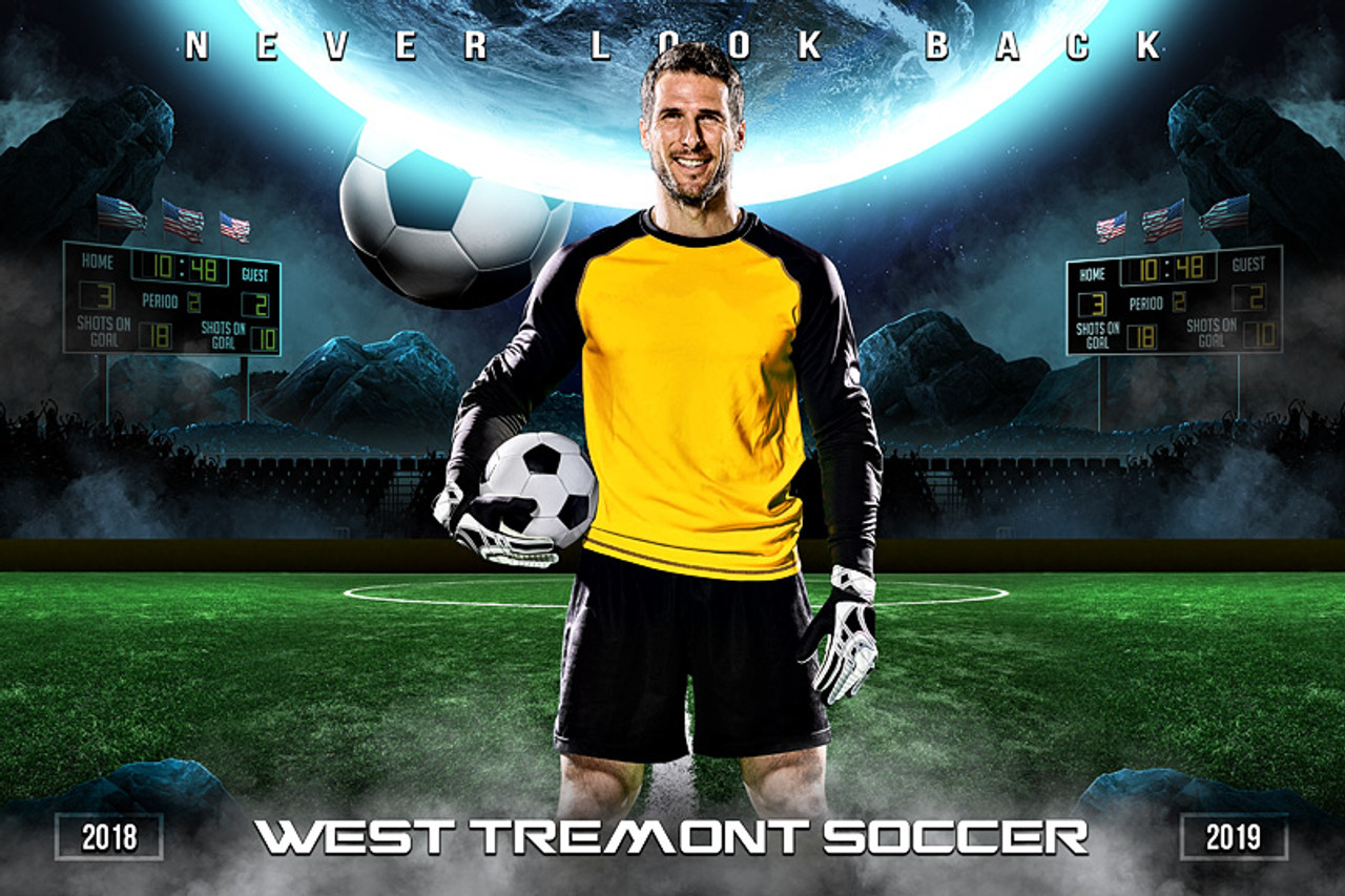 PLAYER & TEAM BANNER PHOTO TEMPLATE - SPACE SOCCER - PHOTOSHOP LAYERED SPORTS TEMPLATE
