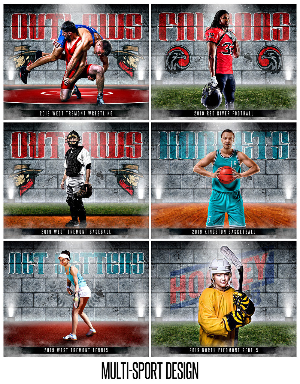 16x20 MULTI-SPORT POSTER TEMPLATE - CRACKED WALL - CUSTOM PHOTOSHOP LAYERED SPORTS TEMPLATE