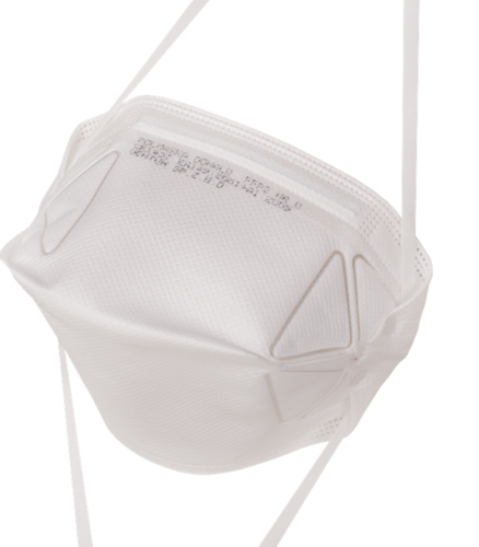Suspended white FFP2 NR D medical respirator mask with dual elastic headbands and printed certification details on the mask surface