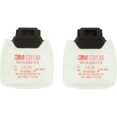 Front view: Pack of two 3M Secure Click D3135 P3 R Particulate Filters with unique snap-in connection system for secure and easy attachment to compatible respirators