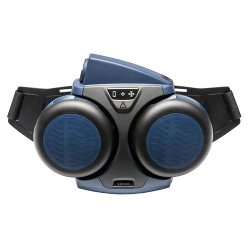 mage of Sundstrom SR 500 Powered Air Unit, a black and blue advanced battery-powered fan respirator system with P3 particle filters, displayed with compatible head tops SR 570 and SR 580