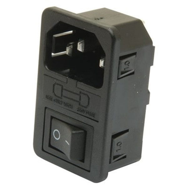 C14 IEC Power Entry Module 0717-1S-PQ10N-A 1.0mm C14 IEC Fused Inlet DPST Switch. Snap-fit 1.0mm Panel