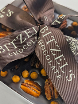 Dark Chocolate Caramel Pecan Turtle Bark with ribbon