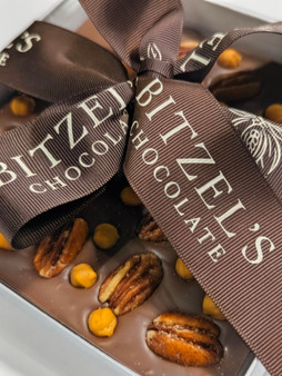 Milk Chocolate Caramel Pecan Turtle Bark with ribbon